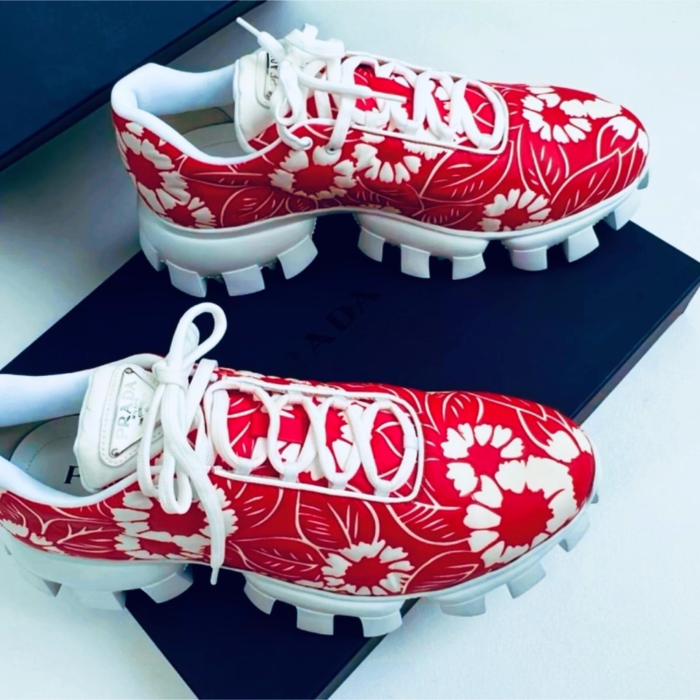 Prada Rare Lux Sneakers, Red w/White Flowers, Unisex Men’s US 9 EU 42 Xmas Gift - Picture 15 of 17